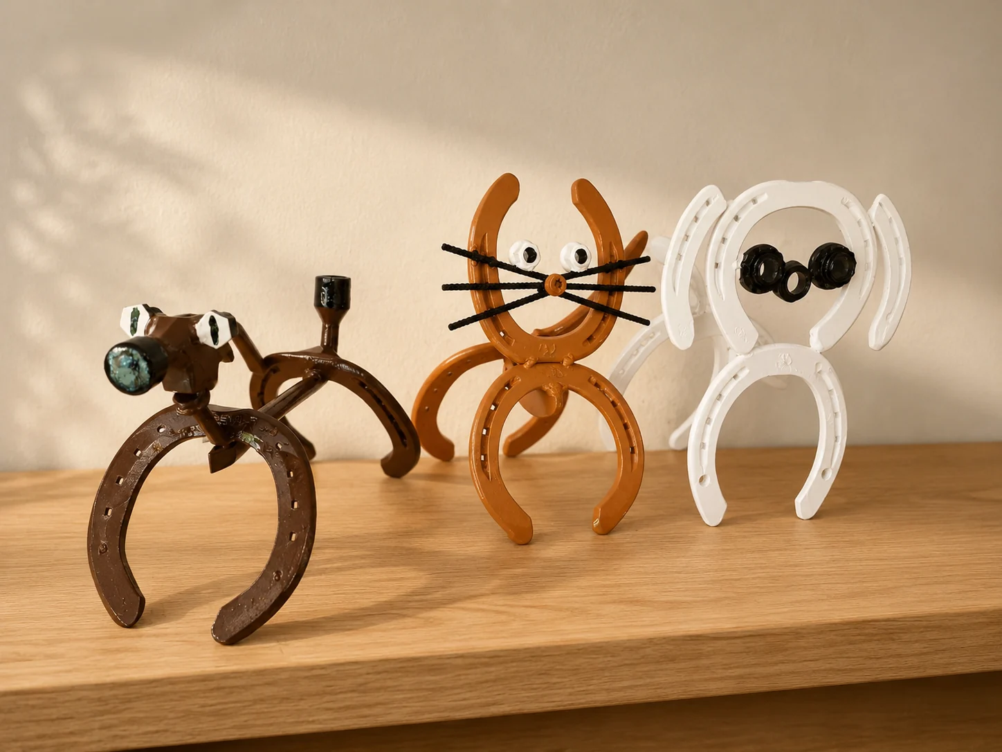 Drie dierenfiguren van hoefijzers op een houten plank
